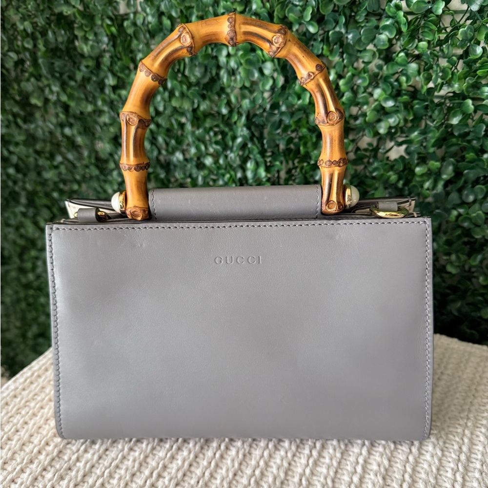 Gucci Mini Nymphaea Bamboo Top Handle Bag Gray Leather - Picture 2 of 15